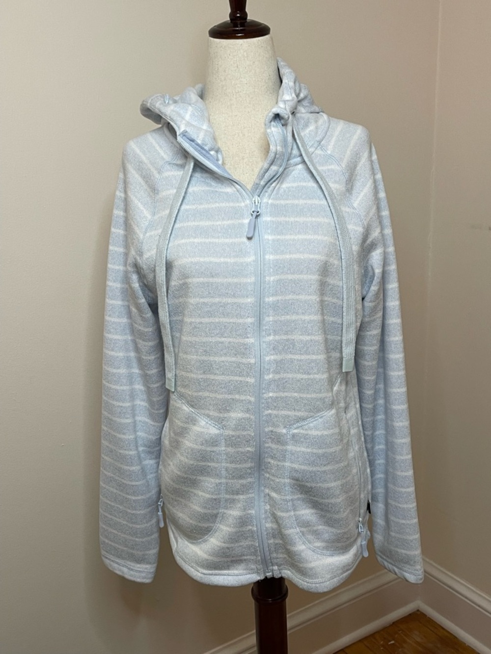 Lands’ End Zip Hoodie S Blue White Stripe Fleece Lined Pockets